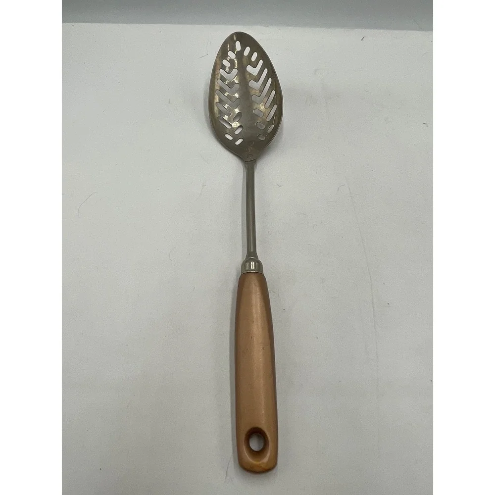 Vintage Slotted Serving Spoon USA Tan Gold Handle Stainless Steel Leaf Pattern
